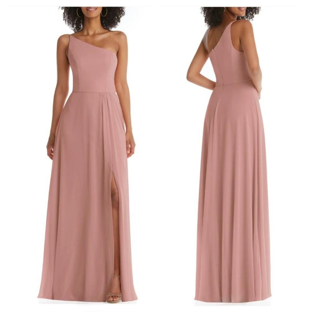 After Six Women's One-Shoulder Chiffon Gown with Thigh High Slit Desert Rose